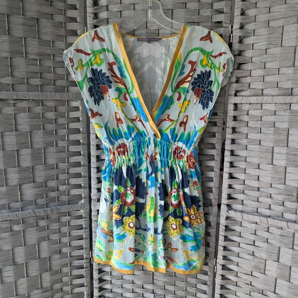 Hale Bob Tunic Cover Up Multicolor Floral Burnout Velvet Silk Trim Beaded Sz XS